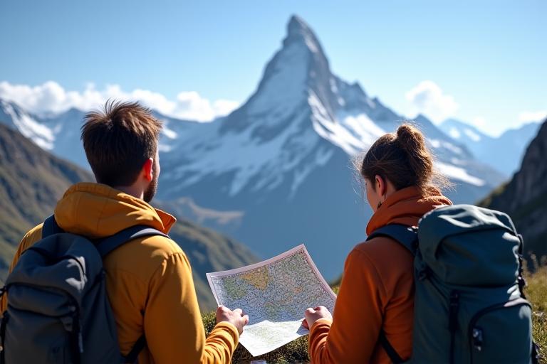 Hikers looking at a map with a famous Swiss mountain in the background