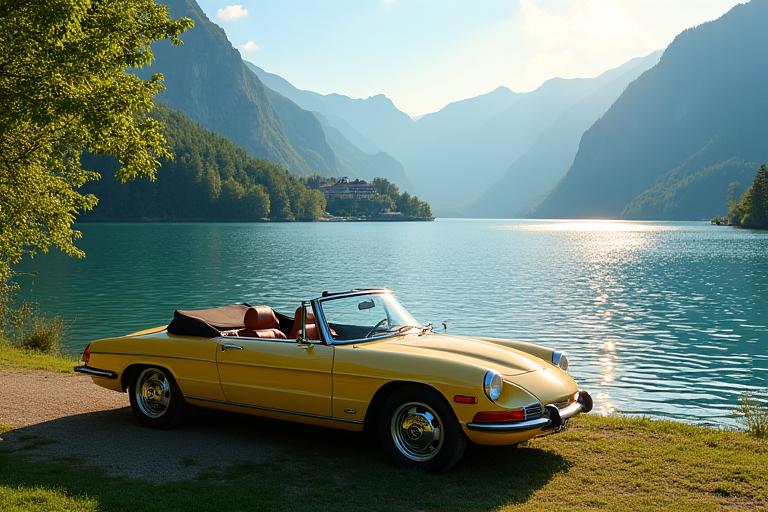 A convertible car parked by a serene Swiss lake in summer