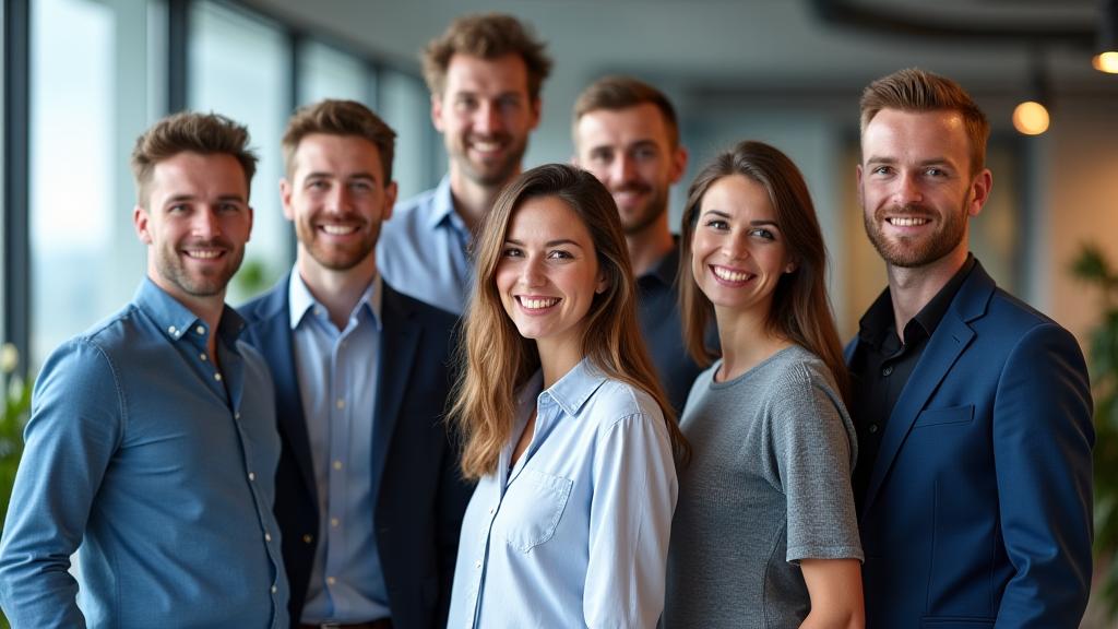 A diverse and professional team of technology and mobility experts in a modern Zurich office