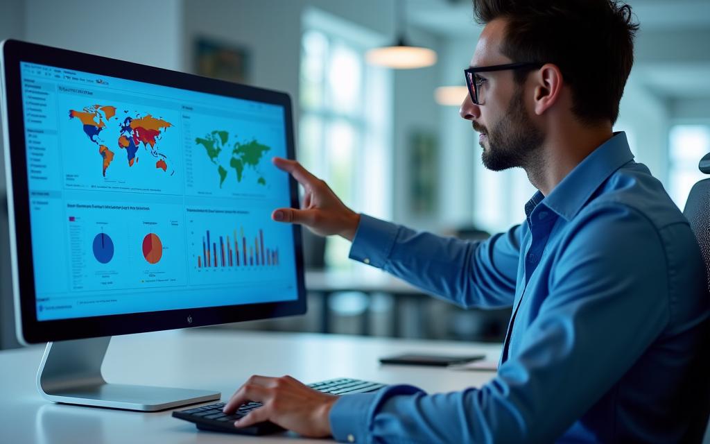 A professional demonstrating a data dashboard with maps and charts