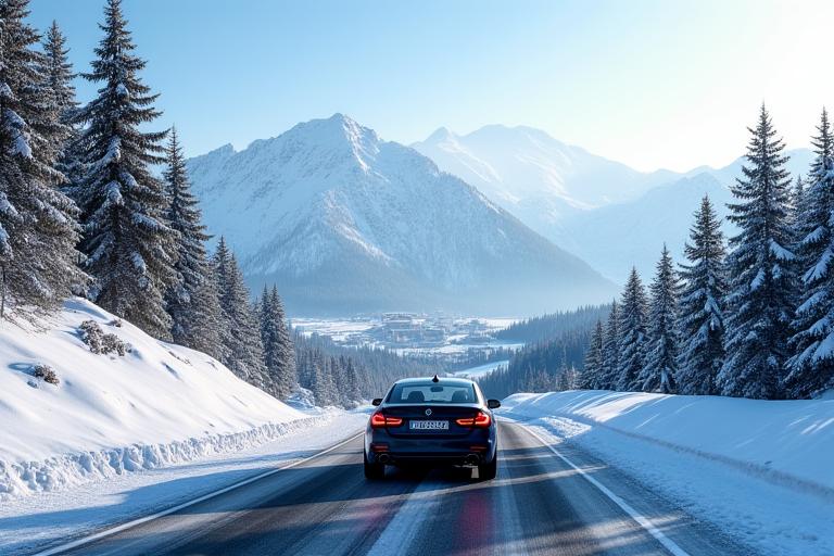 A car driving on a snowy road towards a ski resort in the Swiss Alps